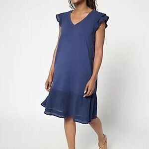 AnyBody Dress Womens Large Navy Blue Slub Jersey Gauze Mixed Summer Beach Ruffle